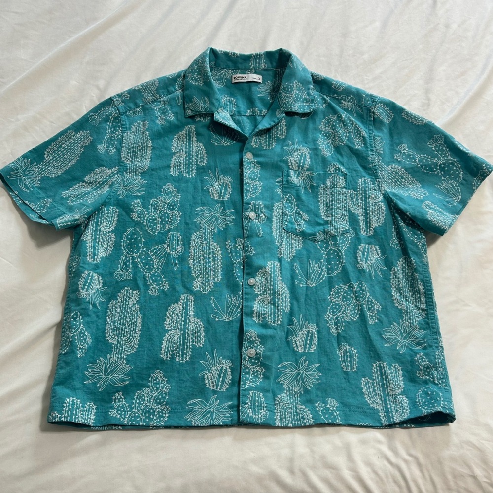Sonoma Mens Short Sleeve Button Down Shirt Teal Blue Cactus Print Size M